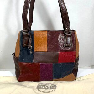 FOSSIL Patchwork Suede/Leather VTG Satchel Handbag 3 Compartments + Fob +Dustbag